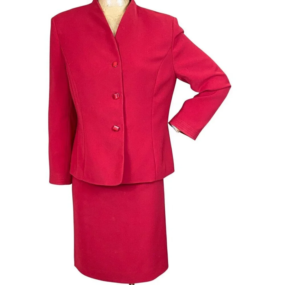 Le Suit 2-Piece Blazer Jacket & Skirt Set Sz 14P‎ Red #321H